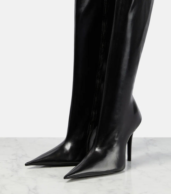 pointed-toe thigh-high stiletto boots in smooth leather – PAVERA