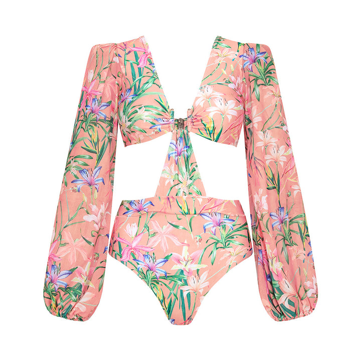 long sleeve cut-out bikini with layered mesh maxi skirt set – TROPICAL