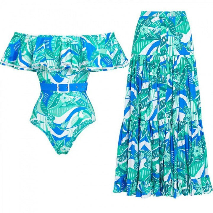 off-shoulder belted one-piece with tiered maxi skirt – OCEAN