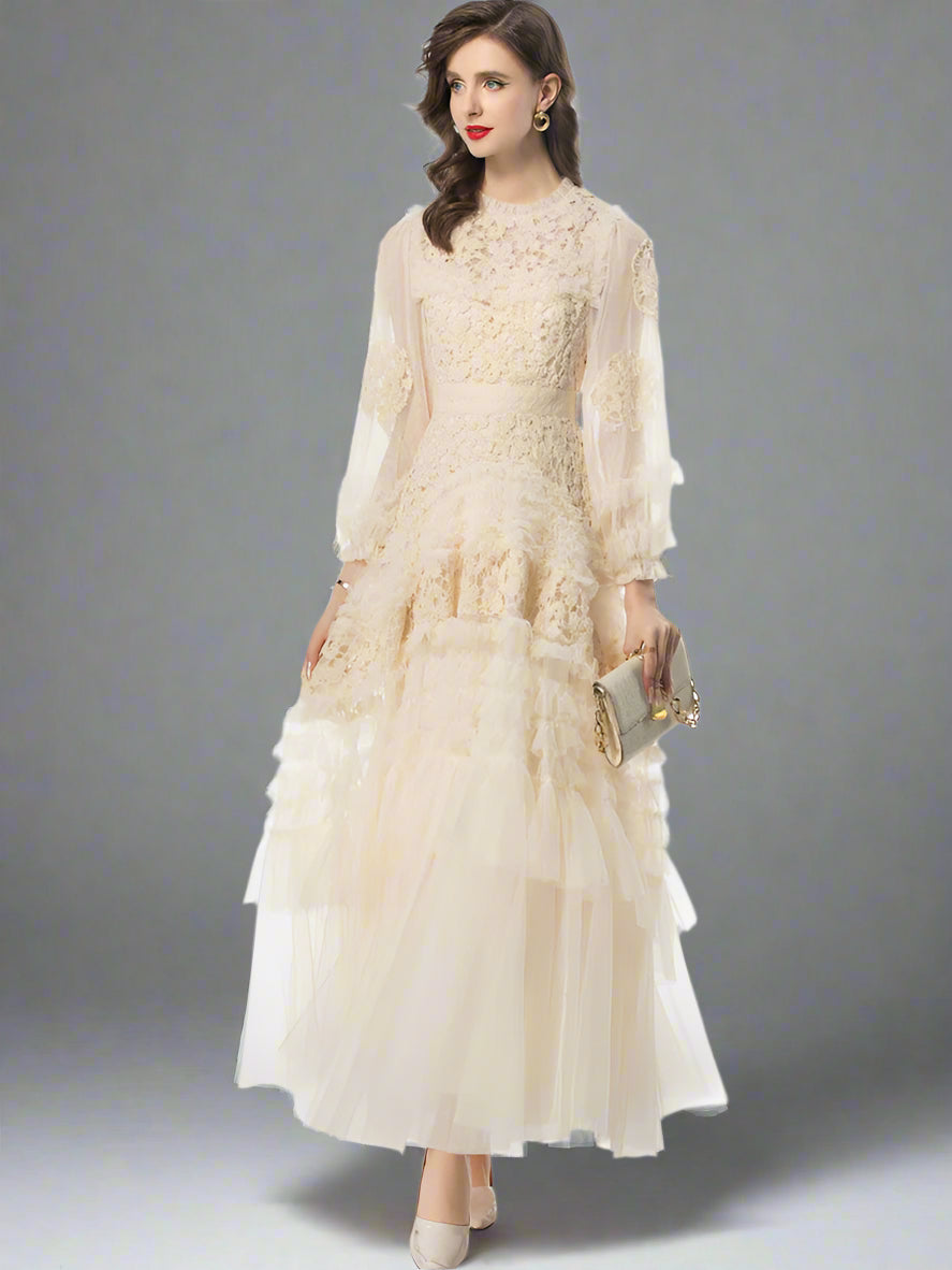 long-sleeve embroidered tulle gown with tiered skirt – ALINA