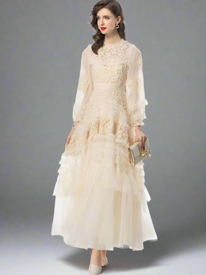 long-sleeve embroidered tulle gown with tiered skirt – ALINA
