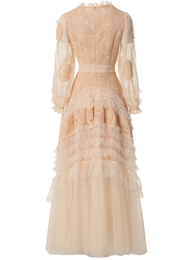 long-sleeve layered gown with tulle and embroidery - IRISWU