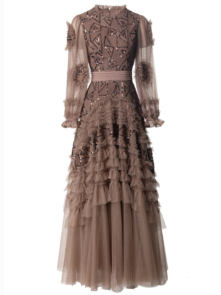 long-sleeve layered gown with tulle and embroidery - IRISWU