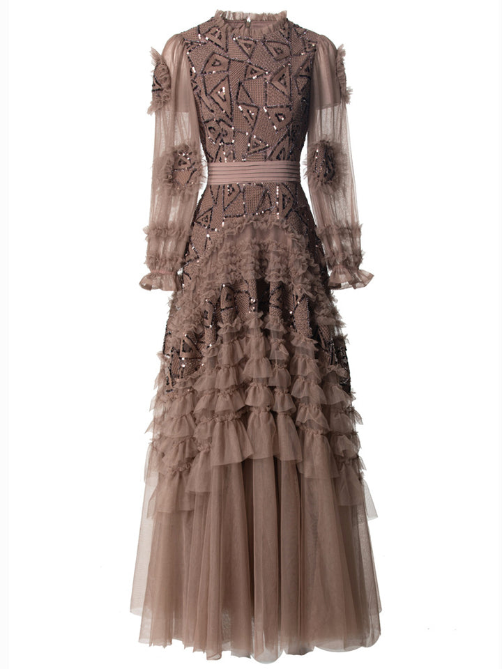 long-sleeve layered gown with tulle and embroidery - IRISWU