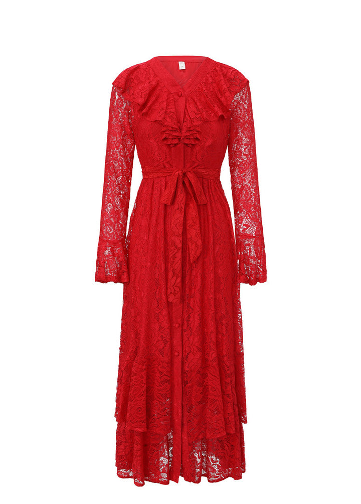 lace midi dress with ruffle neckline and waist tie – RUBY