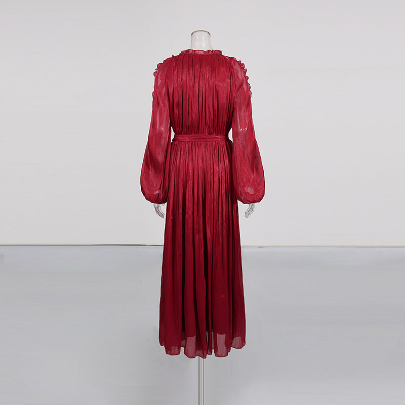 ruffle trim belted chiffon maxi dress – RUBINA