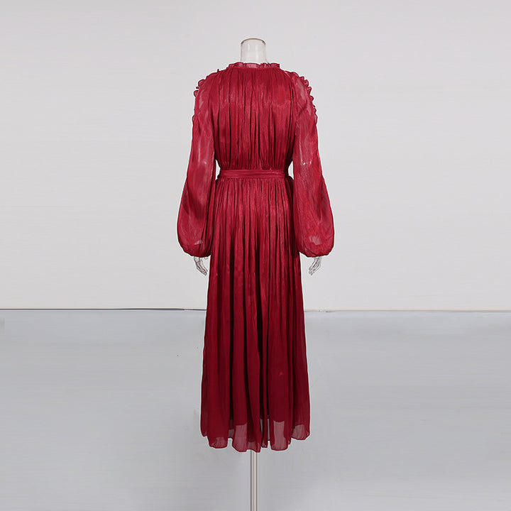 ruffle trim belted chiffon maxi dress – RUBINA