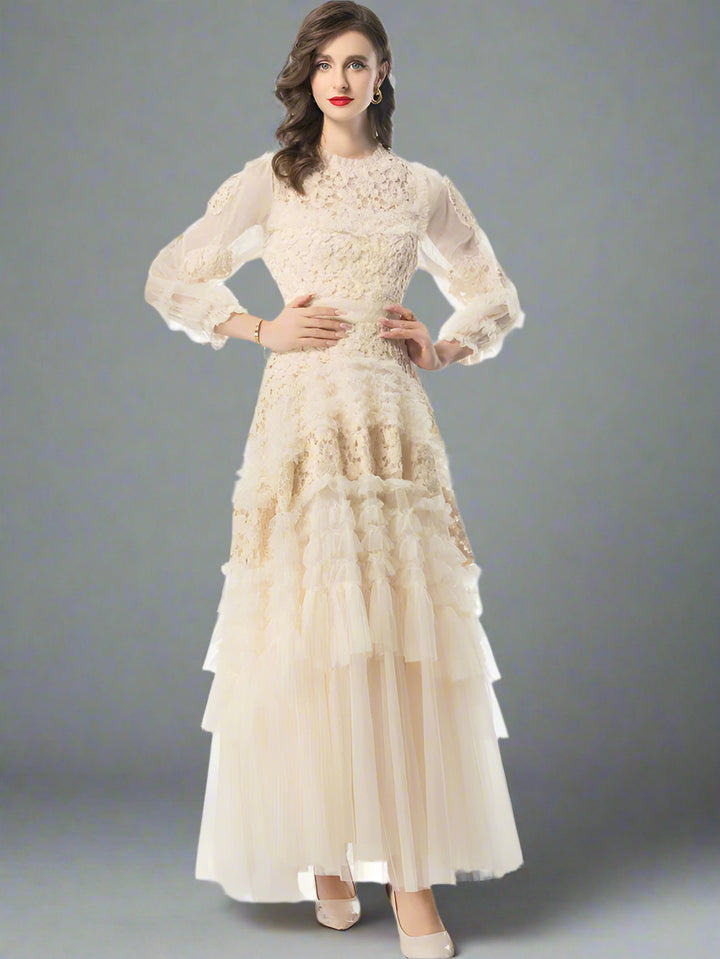 long-sleeve embroidered tulle gown with tiered skirt – ALINA