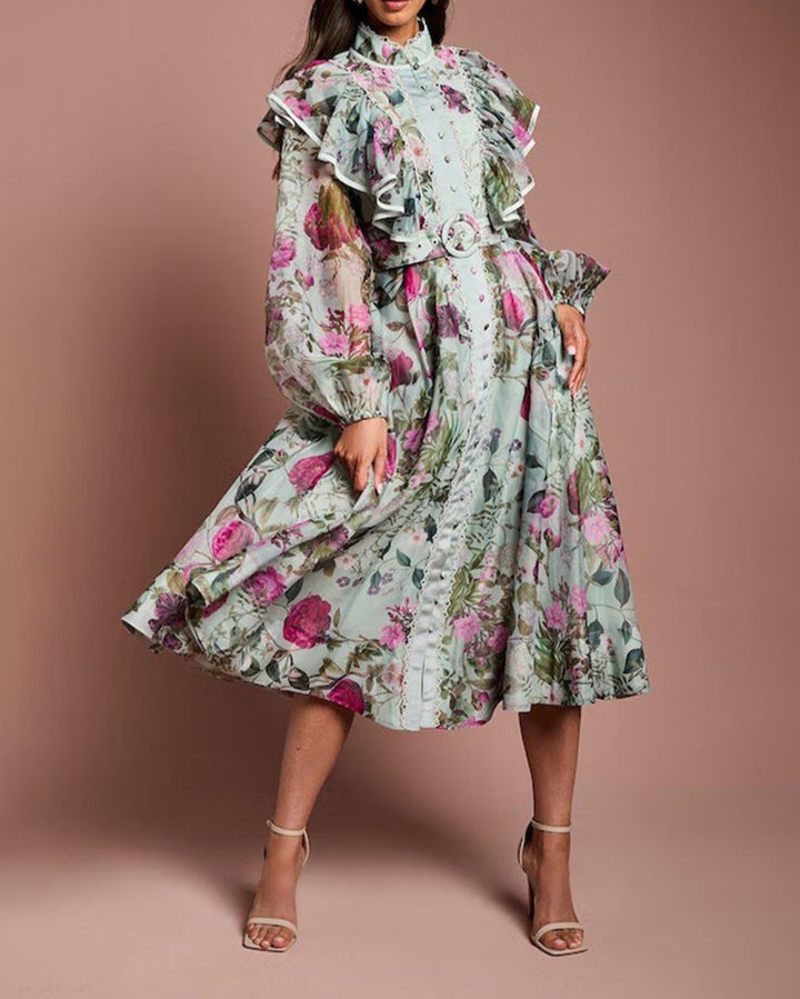floral maxi dress with ruffled shoulders - ELARA