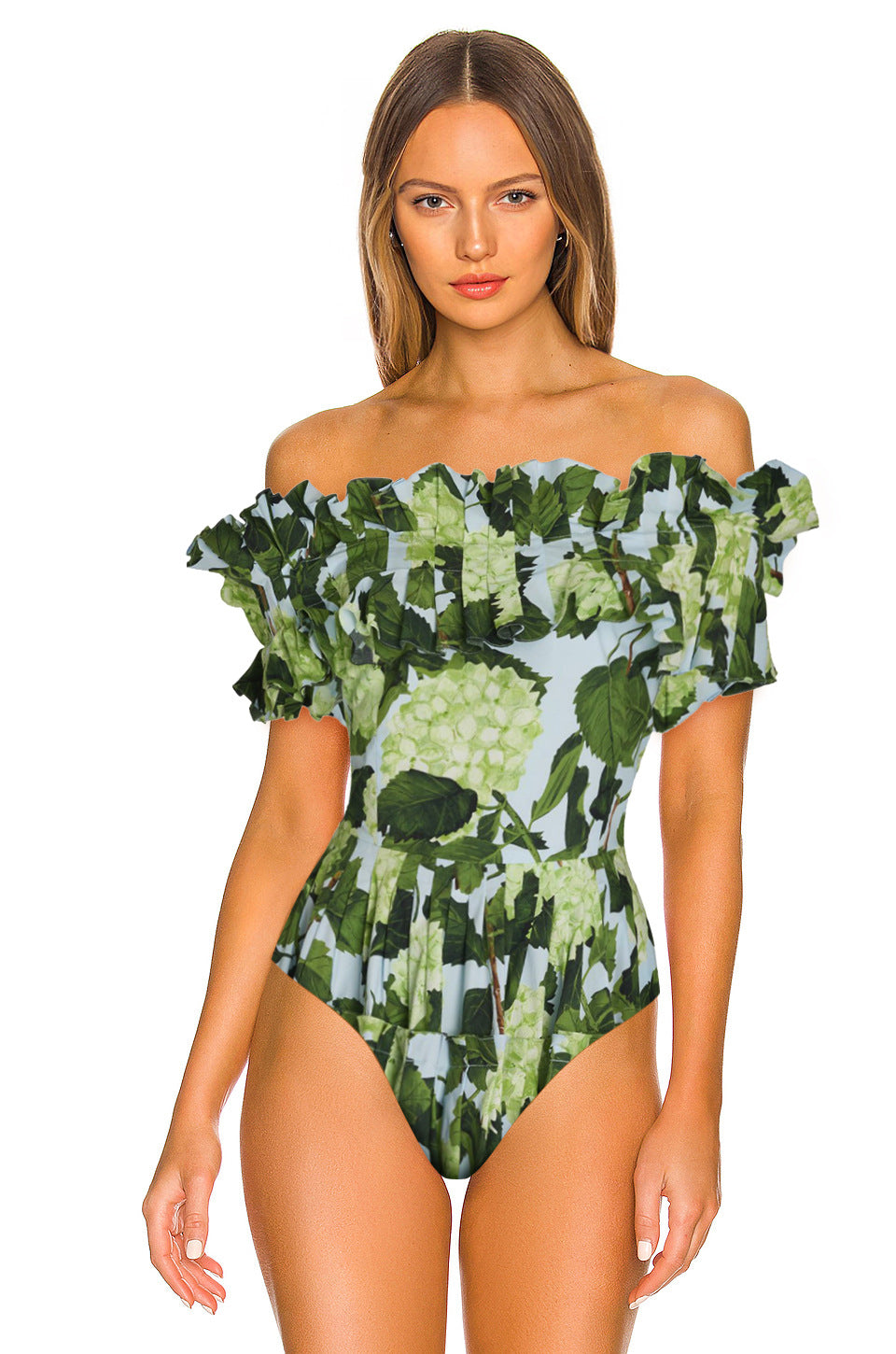 off-shoulder hydrangea print bikini set with maxi skirt – GREEN
