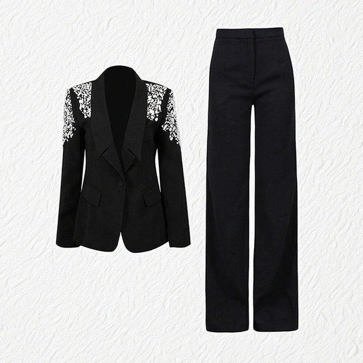 embellished shoulder tailored blazer and flared pants set – ELIANA