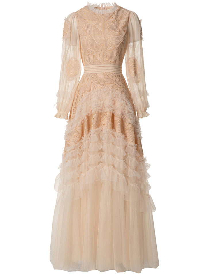 long-sleeve layered gown with tulle and embroidery - IRISWU