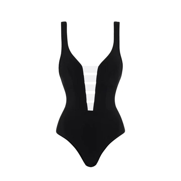 deep plunge swimsuit with sheer panel and ruffle maxi skirt – SILHOUETTE