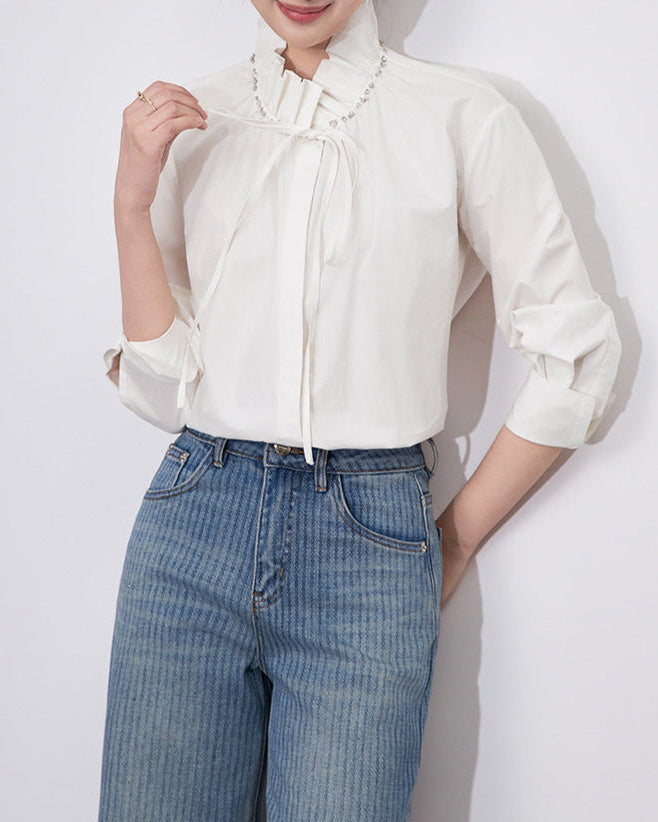 long-sleeve blouse with ruffled tie neckline – ESMÉZA