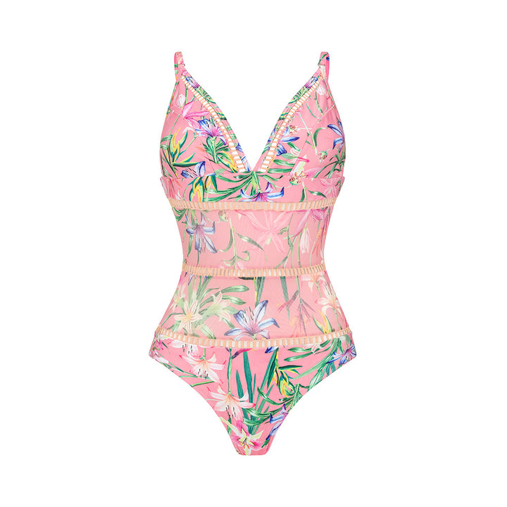 floral plunge one-piece swimsuit with layered mesh ruffle skirt set – PINK