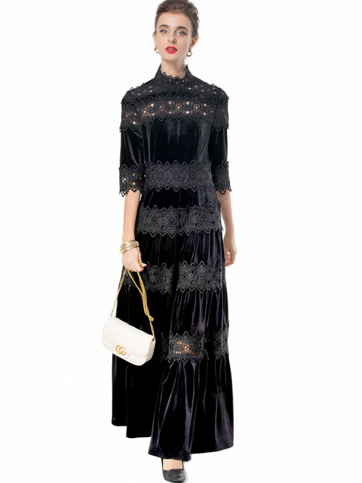 velvet maxi dress with lace panels and high neck – RUBINA