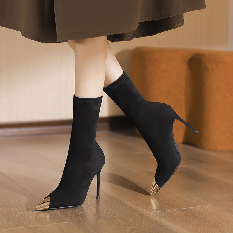 pointed-toe stiletto ankle boots with metallic cap – NOIRZI