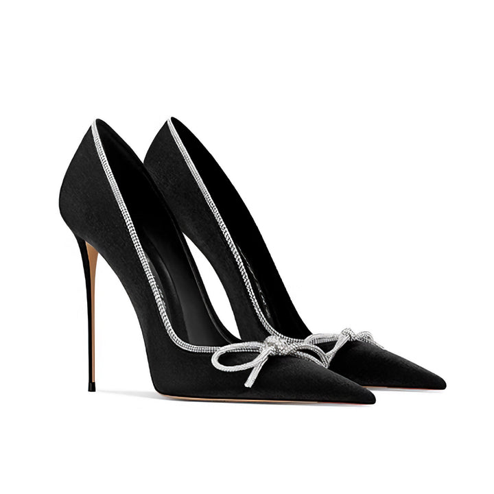 Crystal-Trimmed Bow Satin Pumps – ELYSIA
