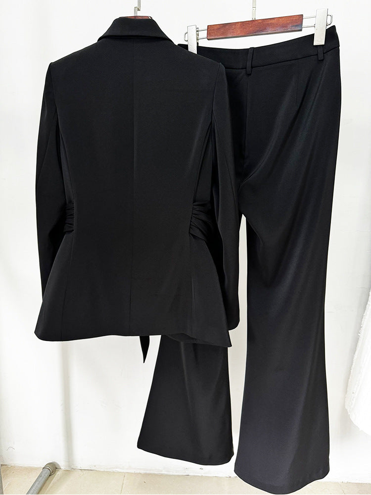 Draped belted blazer broekenset met uitlopende pijpen – Vronik 