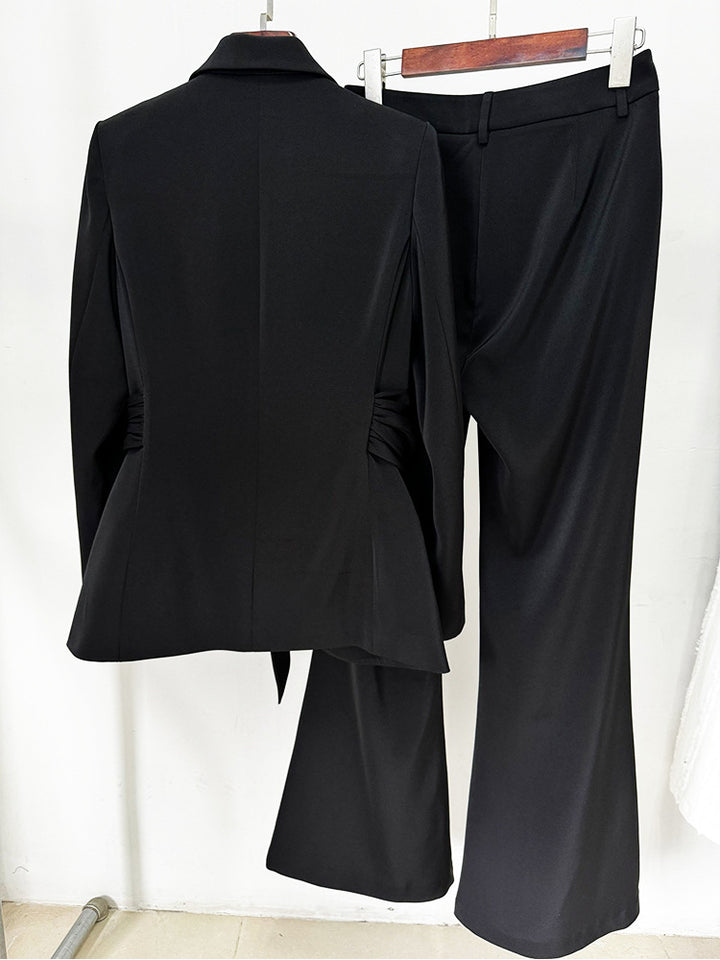 Draped belted blazer broekenset met uitlopende pijpen – Vronik 