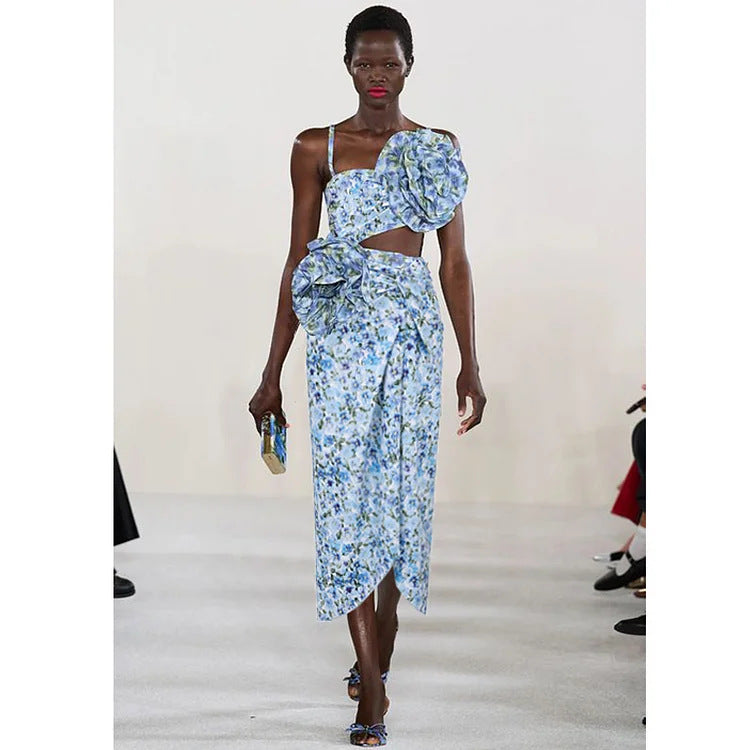 floral rose-detail strapless swimsuit with wrap maxi skirt – BLUE