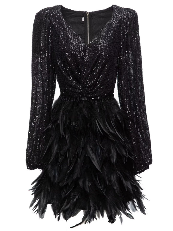 long sleeve sequin mini dress with feathered skirt - SORAYDA