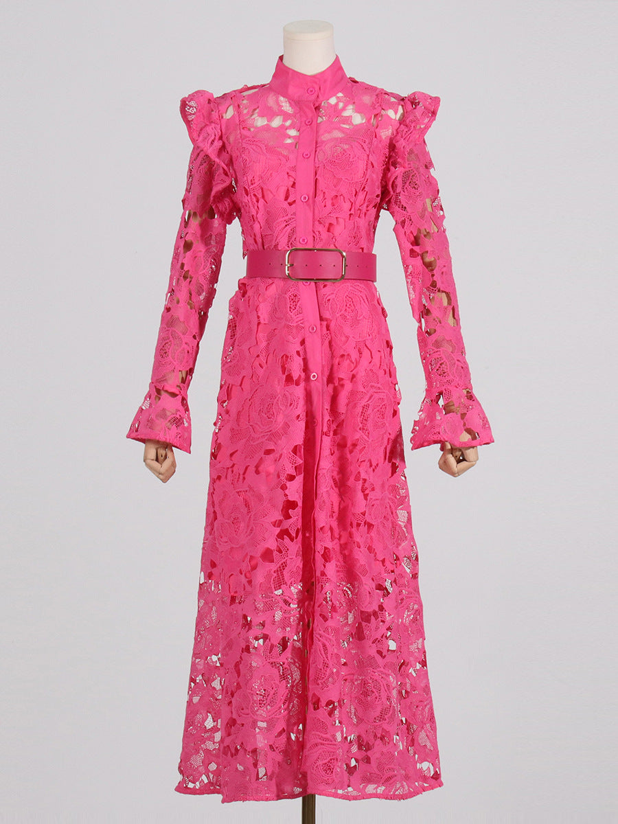 ODD- long-sleeve lace midi dress with belt – Tesoro