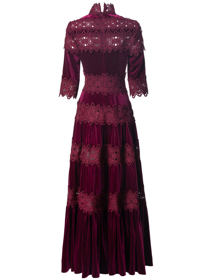 velvet maxi dress with lace panels and high neck – RUBINA