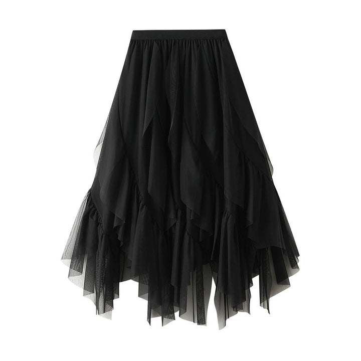 Asymmetrical ruffled mesh skirt with waterfall layers – Apilu