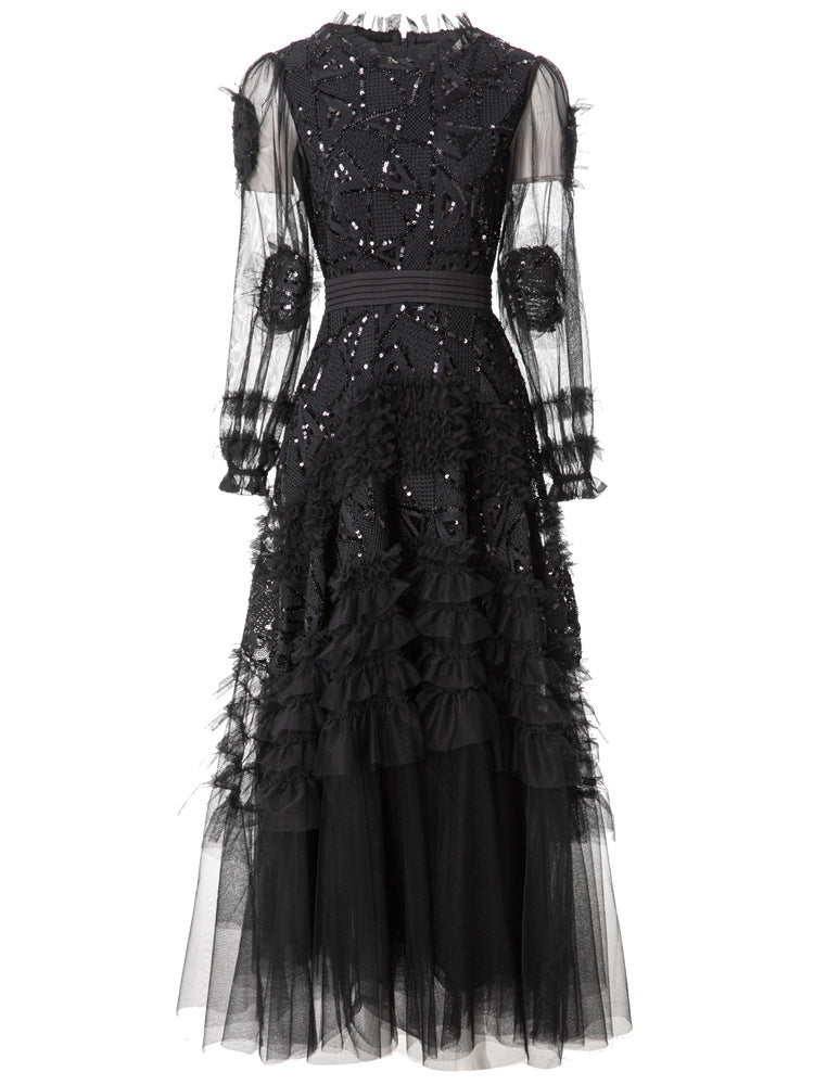 long-sleeve layered gown with tulle and embroidery - IRISWU