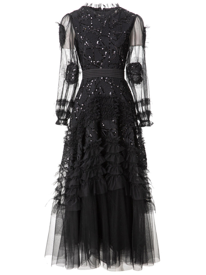 long-sleeve layered gown with tulle and embroidery - IRISWU