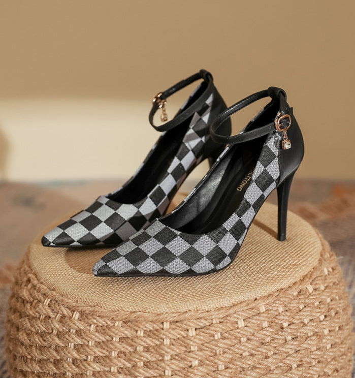 checkered pointed-toe heels with ankle strap – DARIAST