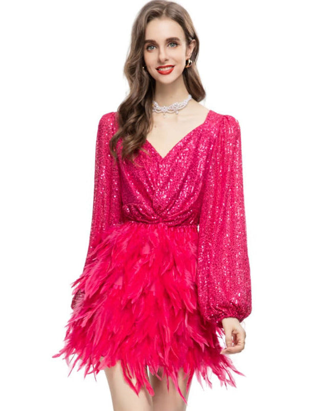 long sleeve sequin mini dress with feathered skirt - SORAYDA