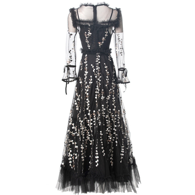 embroidered tulle gown with sheer sleeves – NOIR