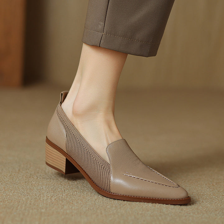 taupe leather block heel loafers with knit side panels – LENORA