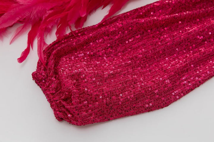 long sleeve sequin mini dress with feathered skirt - SORAYDA