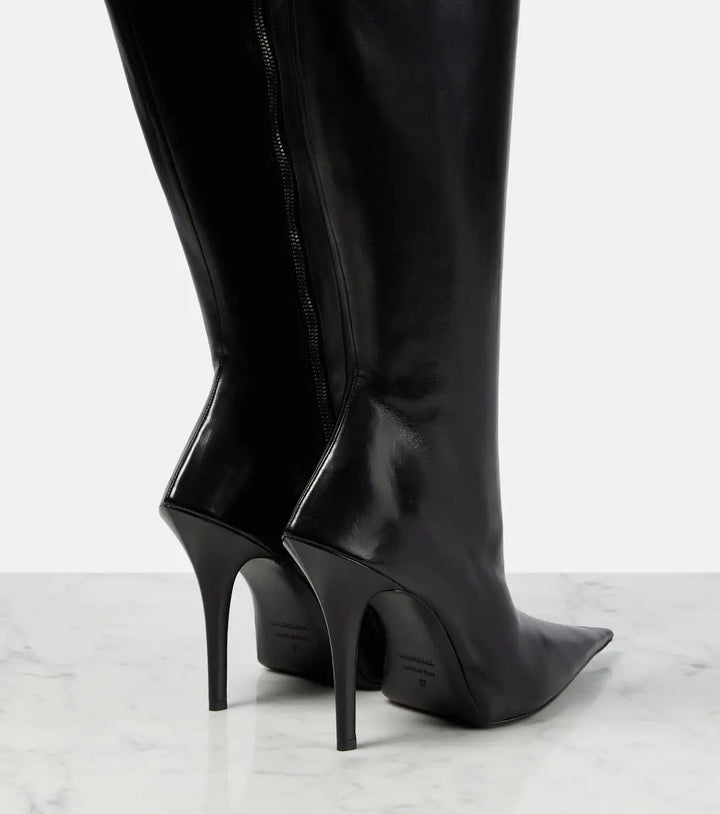 pointed-toe thigh-high stiletto boots in smooth leather – PAVERA