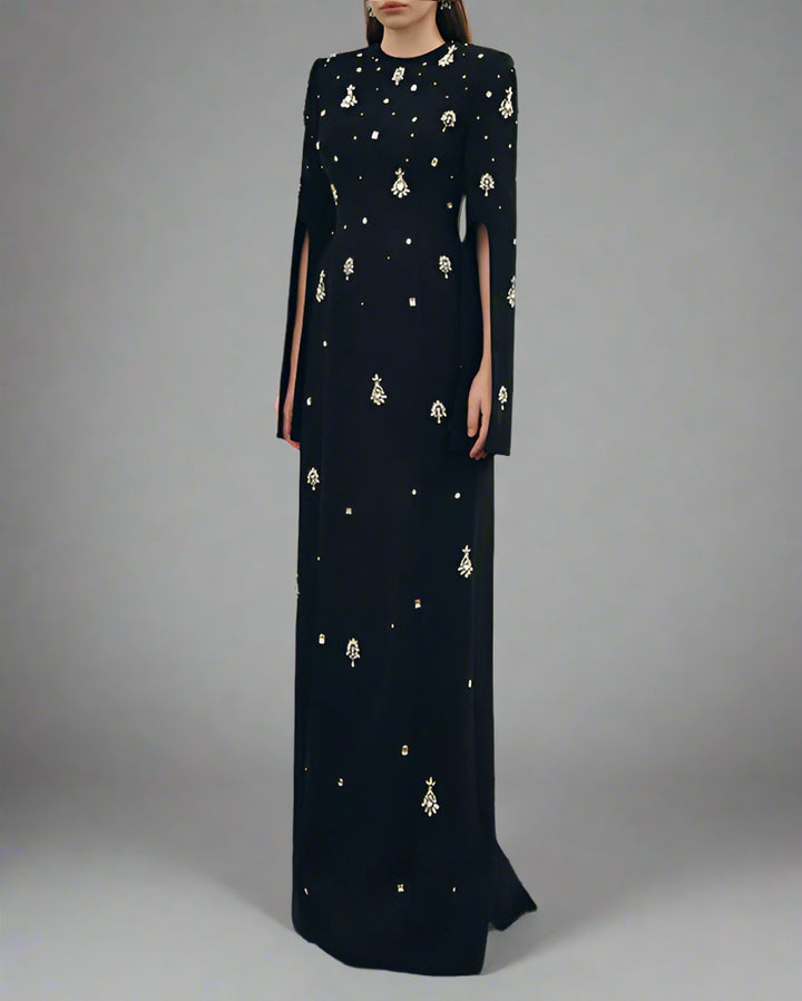 Long-sleeve embellished gown with cape detail - Zuswy
