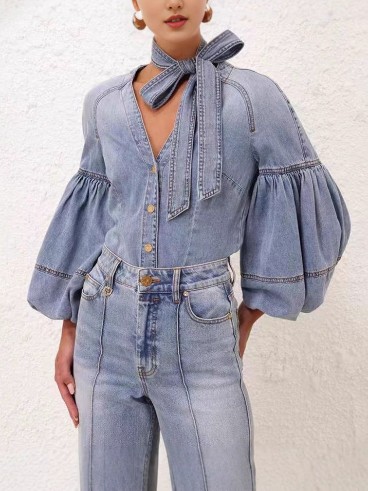 قميص جينز بأكمام منفوخة وخصر بحزام - أماراكسو