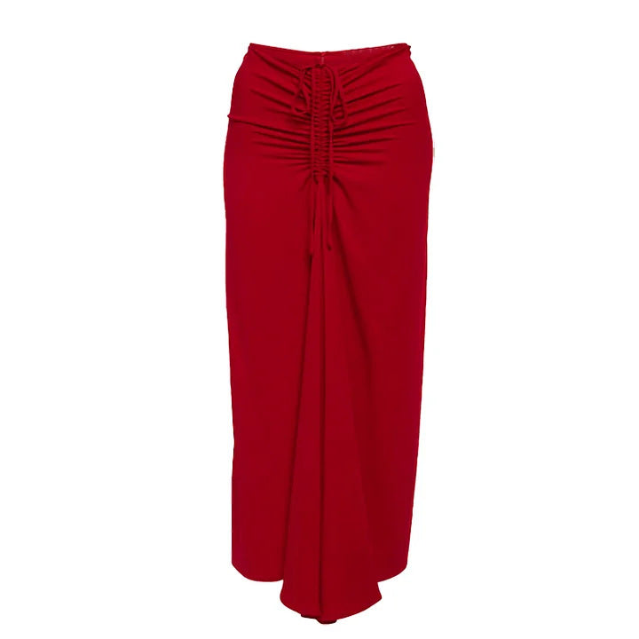 deep plunge halter one-piece with ruched maxi skirt – SCARLET