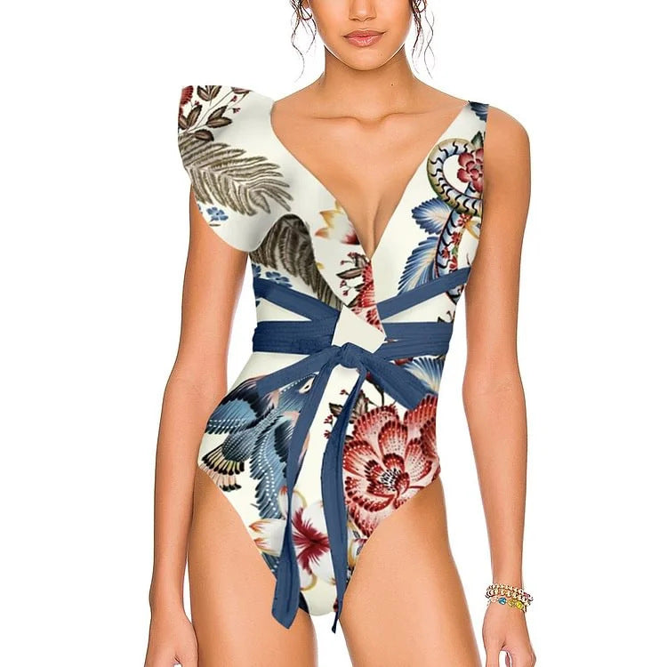 wrap tie-back floral bodysuit with ruffle draped skirt – BLOOM