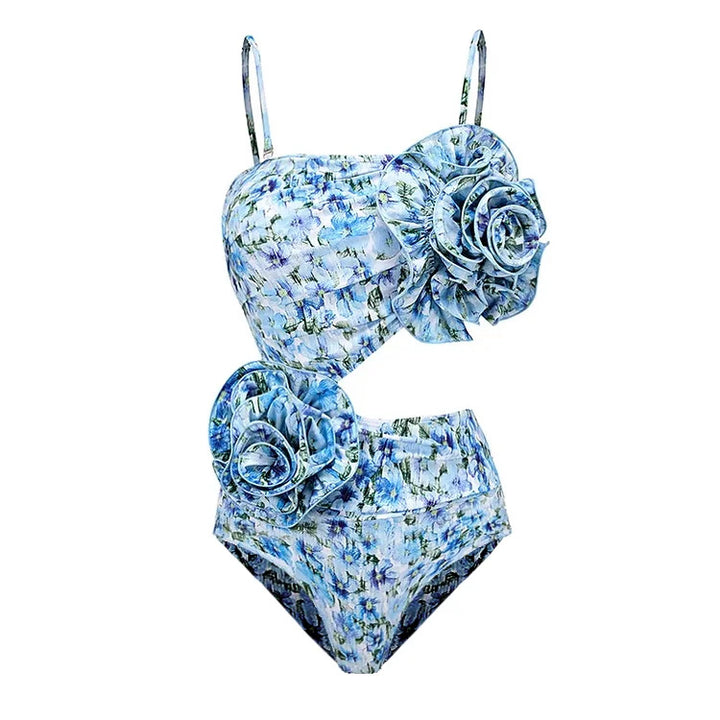 floral rose-detail strapless swimsuit with wrap maxi skirt – BLUE