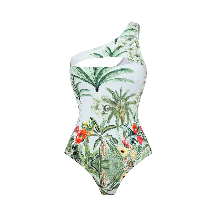 one-shoulder tropical print swimsuit with chiffon sarong – PALMERA