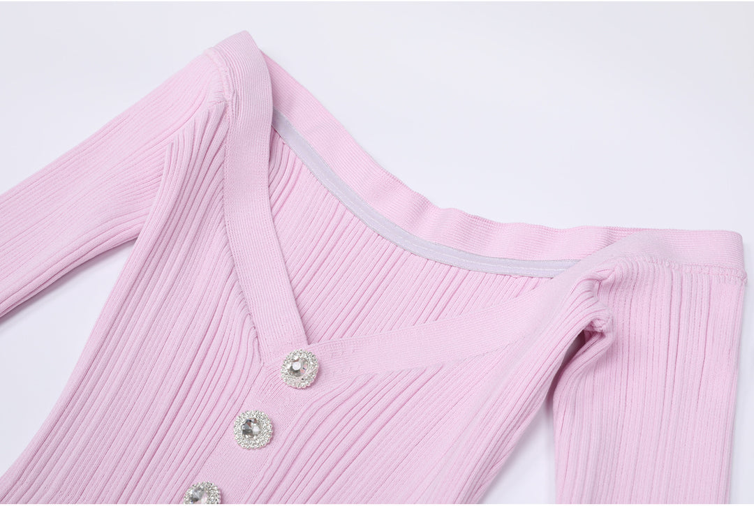 off-shoulder pleated mini dress with button detail – ELARANZI