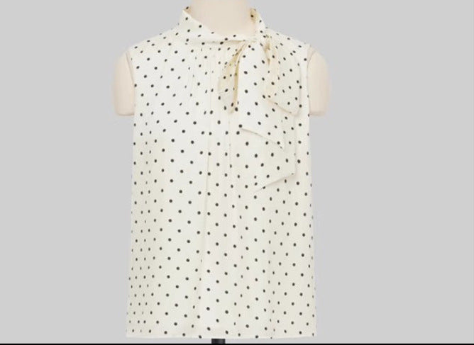 sleeveless polka dot blouse with tie-neck detail – IVORY