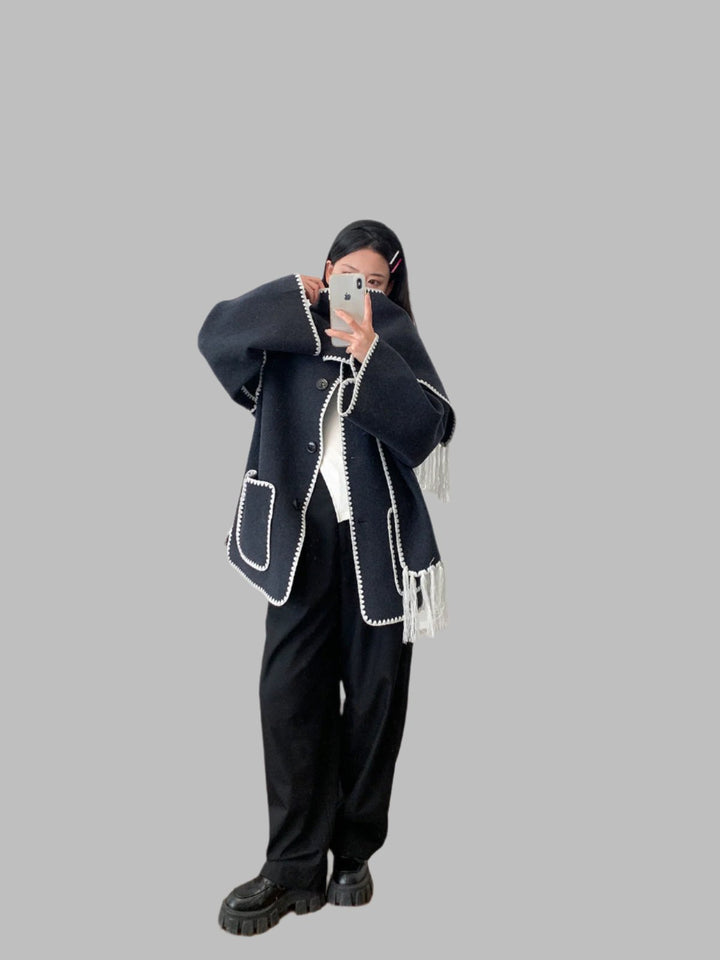 fringed cape jacket with contrast trim – Teghan