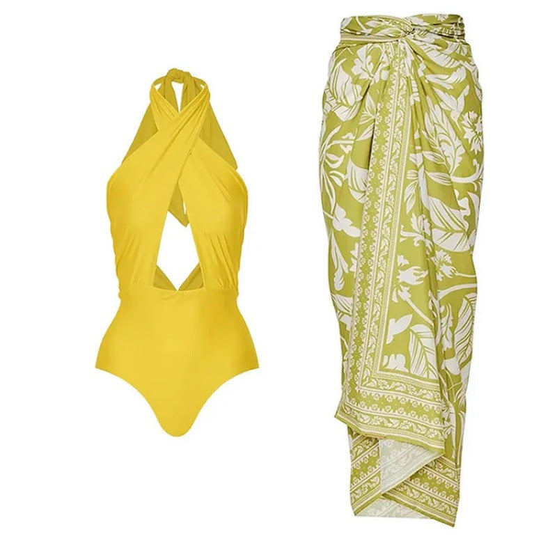 halter cut-out one-piece swimsuit with printed wrap sarong – SOLARA