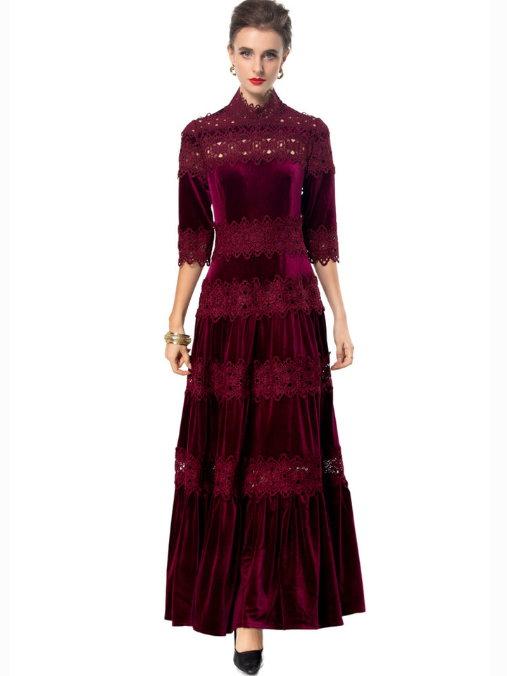 velvet maxi dress with lace panels and high neck – RUBINA