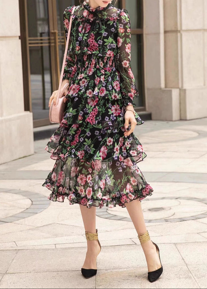 chiffon midi dress with floral print and bow neck – FLORA