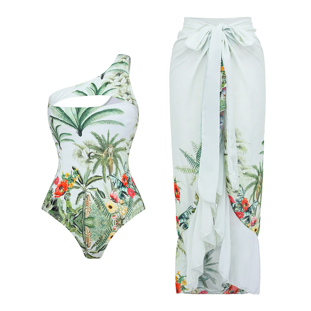 one-shoulder tropical print swimsuit with chiffon sarong – PALMERA